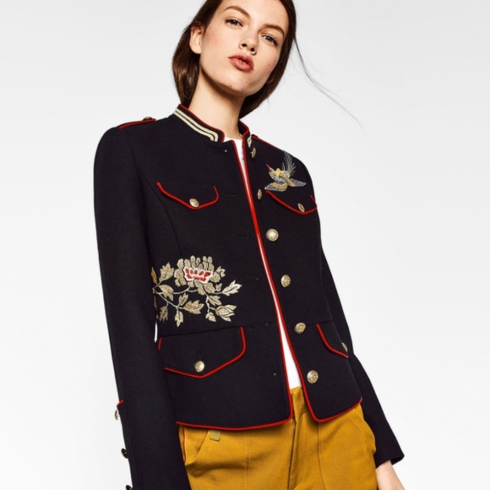 Zara Embroidered Military Jacket Mandarin Collar
